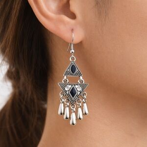 Boho Tribal Silver Tone Blue Geometric Drop Earrings | Ethnic Statement Dangles